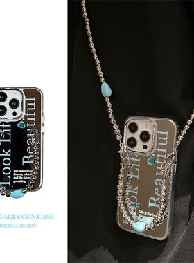 蓝色英文镜面三星s22/s23Ultra手机壳s21+爱心链条note20/10/9斜挎A52/a53小众s20/s10+高级S9适用S8女保护套