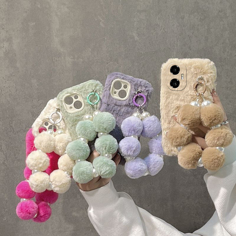 毛茸茸毛球链条适用华为荣耀300/400pro手机壳200毛绒100/90GTx50/x40i秋冬x30手提绳x10/9x纯色80/70/60se女