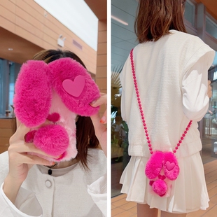 a57毛茸茸a93s秋冬a72 玫红毛绒兔耳朵oppoa98 a97 a78手机壳a58x a36斜挎a79挂绳A91适用a92s背带A83 a32新款