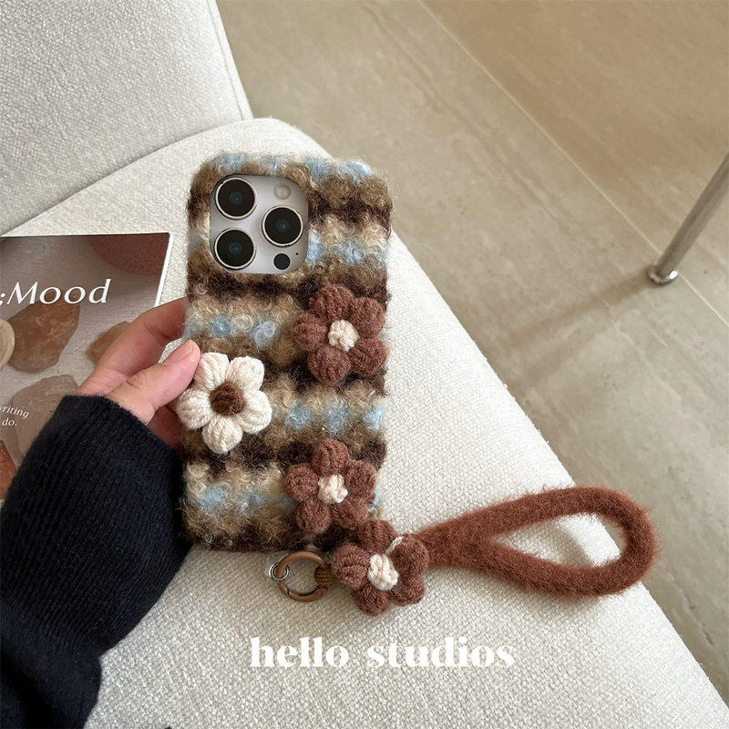 条纹花花毛绒挂绳荣耀X70手机壳新款荣耀X60秋冬荣耀X50防摔全包软壳