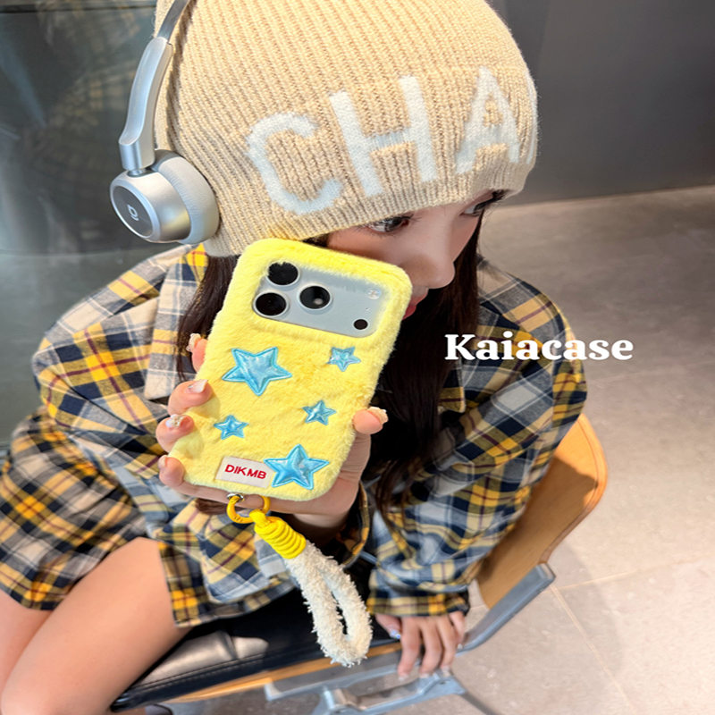 秋冬ins撞色毛绒刺绣星星三星s25ultra手机壳新款s24女s23+带挂绳s22plus全包防摔手机套