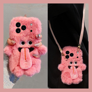 x3秋冬r17毛茸茸FindX8ProMini x6pro挂绳FindX5 情侣小怪兽适用OPPOFindX8S 毛绒手机壳FindX8pro斜挎FindX7