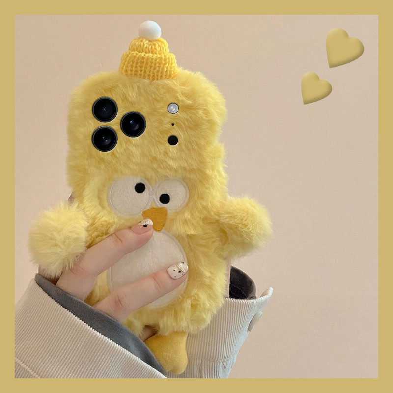 刺绣黄色小鸡适用苹果17手机壳苹果16promax毛绒iPhone15秋冬14pro卡通13/12mini冬天11立体xr/xsmax呆萌8套7