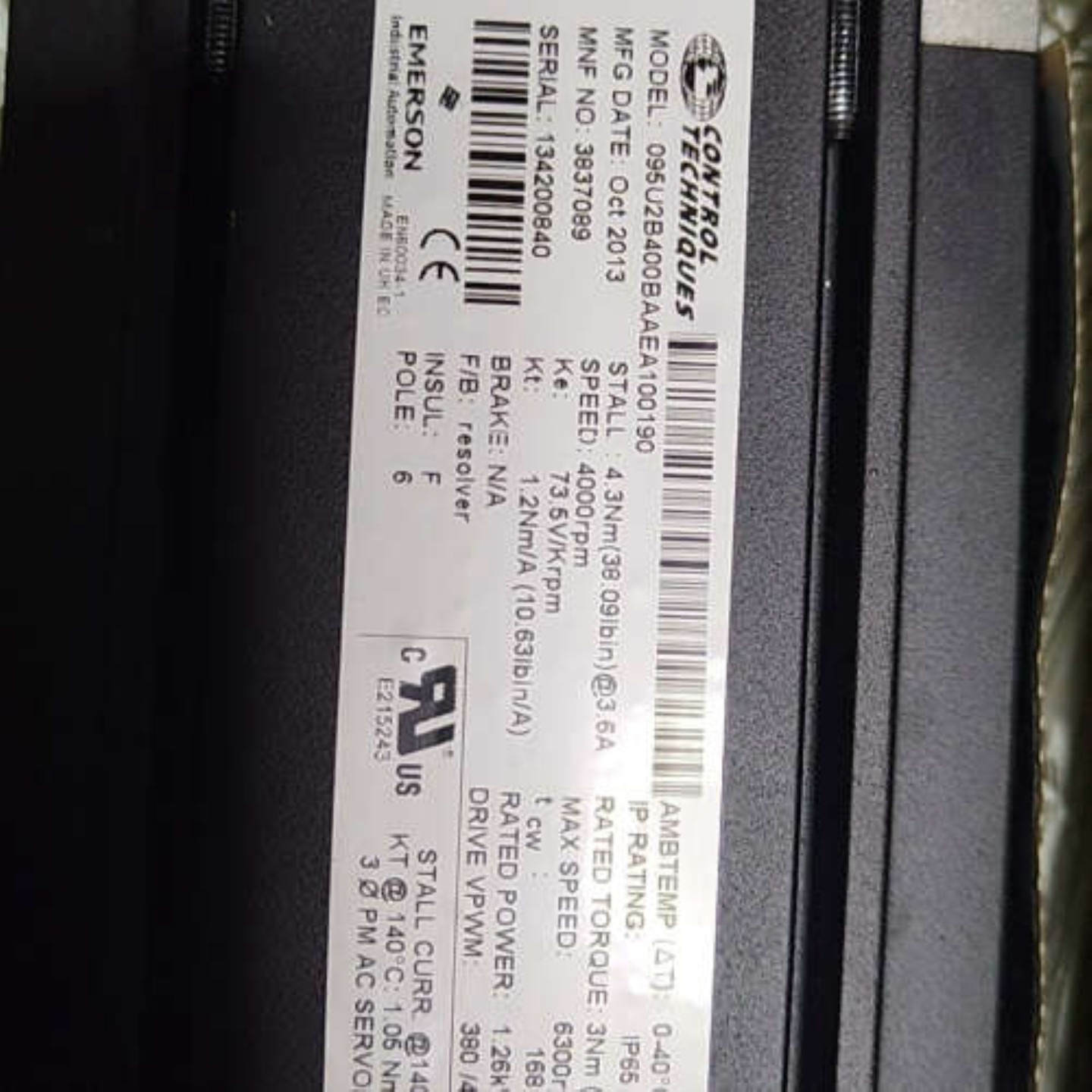 售前询价爱默生095U2B400BAAEA100190伺服马达带