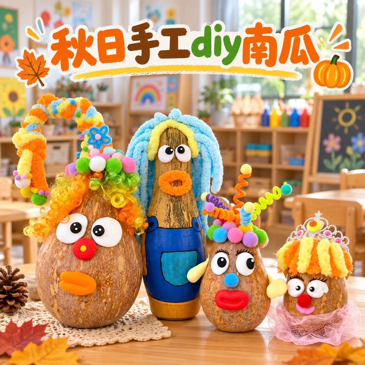 秋天主题手工diy南瓜装饰毛线扭扭棒幼儿园小班美工区域投放材料