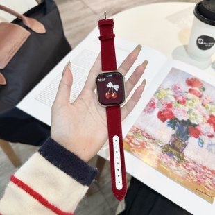 适用苹果S11手表带樱桃红拼皮iWatch10显白ins高级百搭42mm女春季