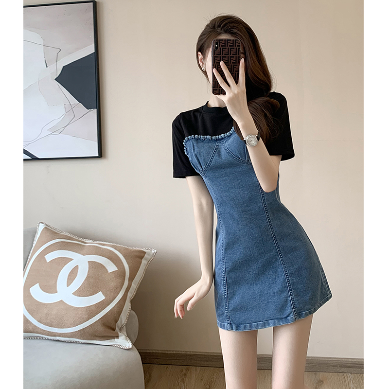 2023夏季新款法式复古气质高级设计感小众时尚短袖牛仔拼接连衣裙