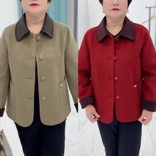 妈妈秋冬短款双面呢上衣中老年洋气羊毛呢外套翻领拼色时尚开衫女