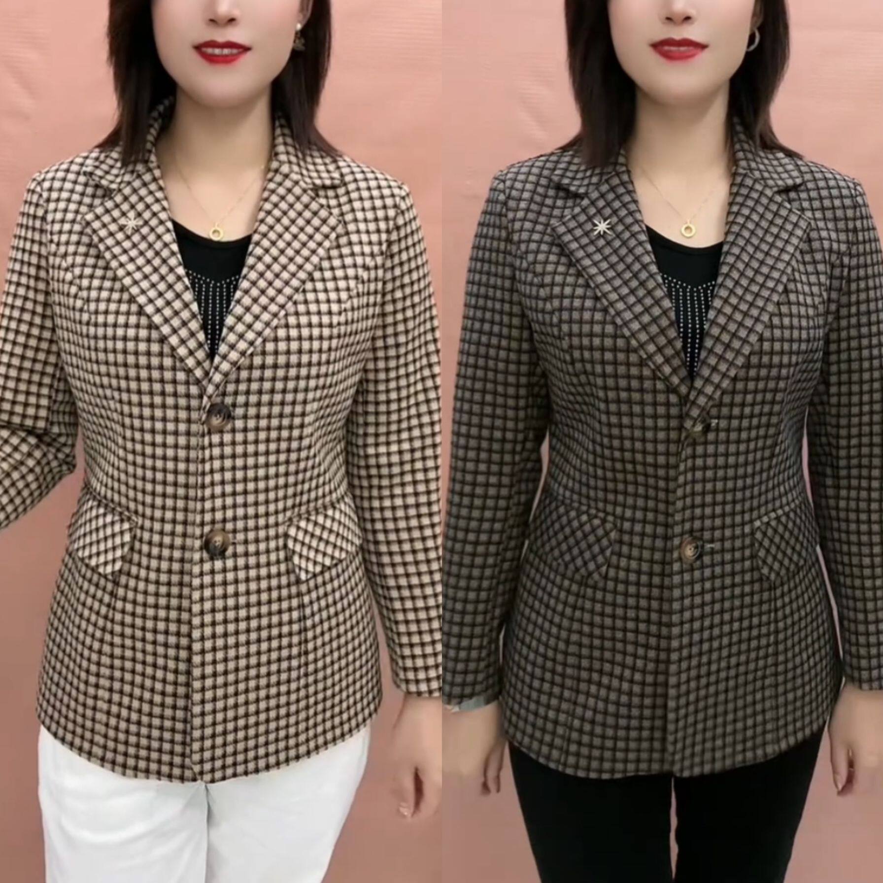 秋季女士时尚减龄西服外套遮肉显瘦休闲宽松格子西装高档气质上衣