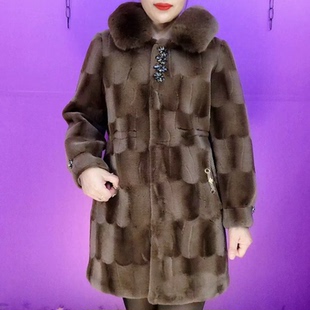 中年妈妈冬装环保水貂绒连帽保暖外套阔太太仿皮毛一体中长款大衣
