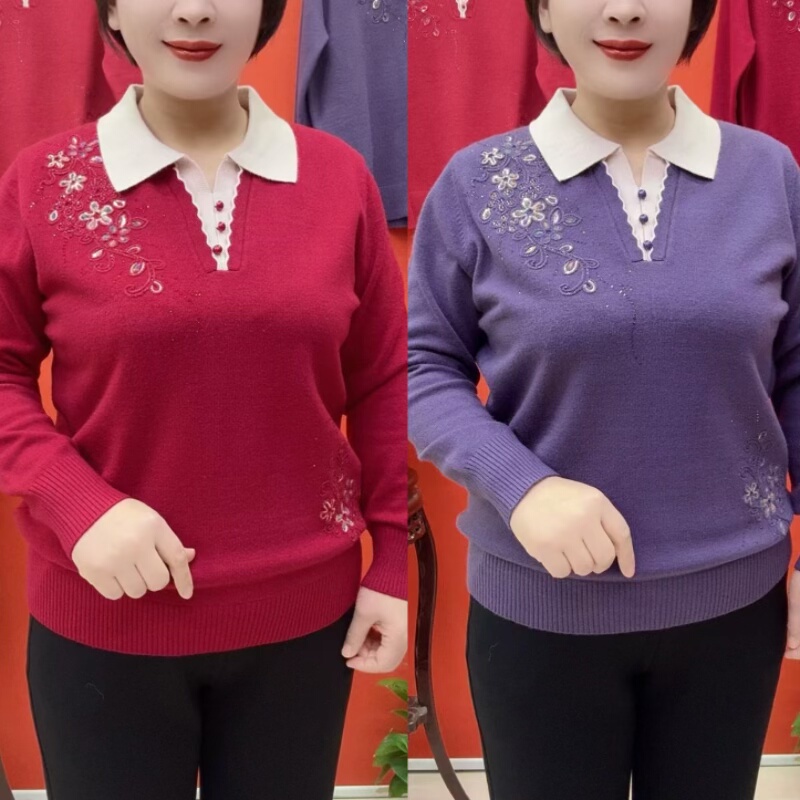 翻领针织打底衫拼色长袖女士上衣