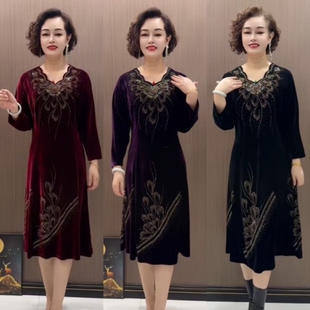 妈妈秋装金丝绒烫钻连衣裙洋气中老年秋冬喜婆婆婚宴装改良旗袍裙
