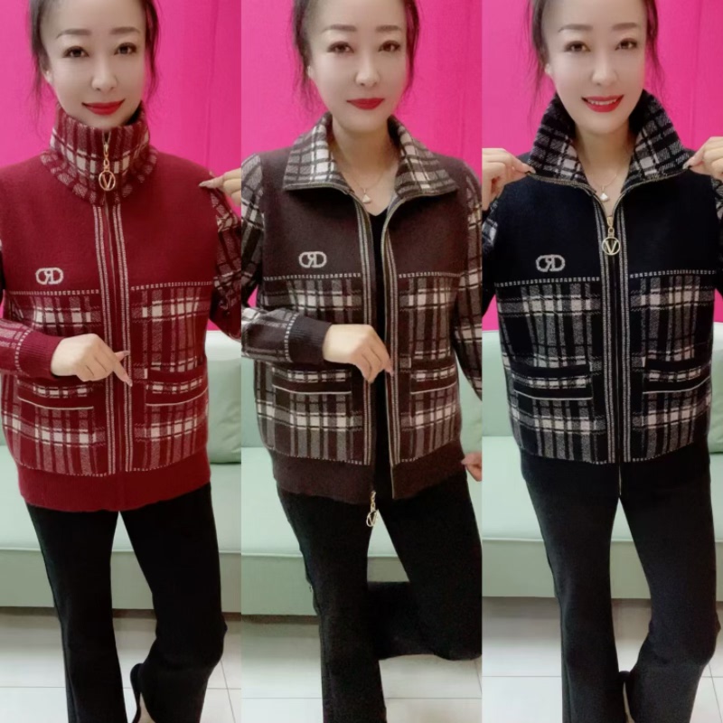 秋冬款格子拼接休闲时尚短款拉链外套气质女装显瘦翻领针织开衫潮