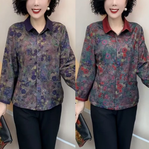 时尚翻领花色外套女百搭夹克上衣