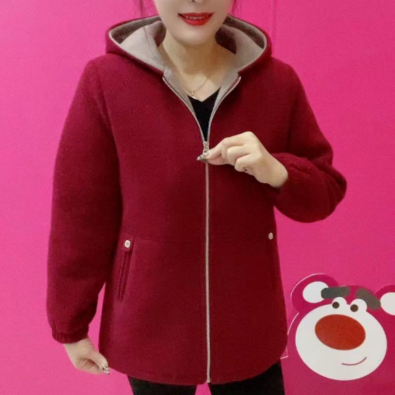 2025冬季新款时尚连帽双面绒外套女中老年妈妈装加绒加厚保暖上衣