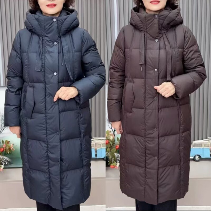 2025冬季中长款大码连帽羽绒服女加厚保暖白鸭绒大衣洋气妈妈装潮