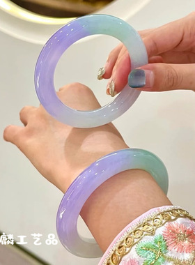 缅甸冰种春彩处理翡翠手镯紫罗兰阳绿飘花圆条玉手镯子女送礼