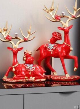 禄神专用红色大小梅花鹿摆件玄关酒柜装饰品树脂喜字乔新居结婚