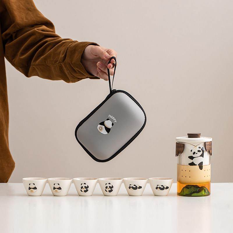 萌趣熊猫陶瓷旅行茶具绿茶家用办公室客杯一壶六杯户外泡茶套装,餐饮具,旅行茶具,淘宝优惠券,粉丝福利购,淘宝优惠卷