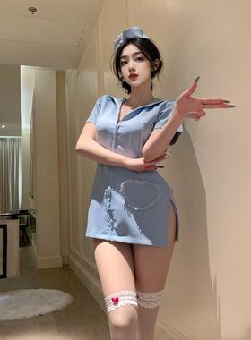 纯欲护士COS居家内衣深V睡裙诱惑拉链侧开叉护士包臀裙女qqny