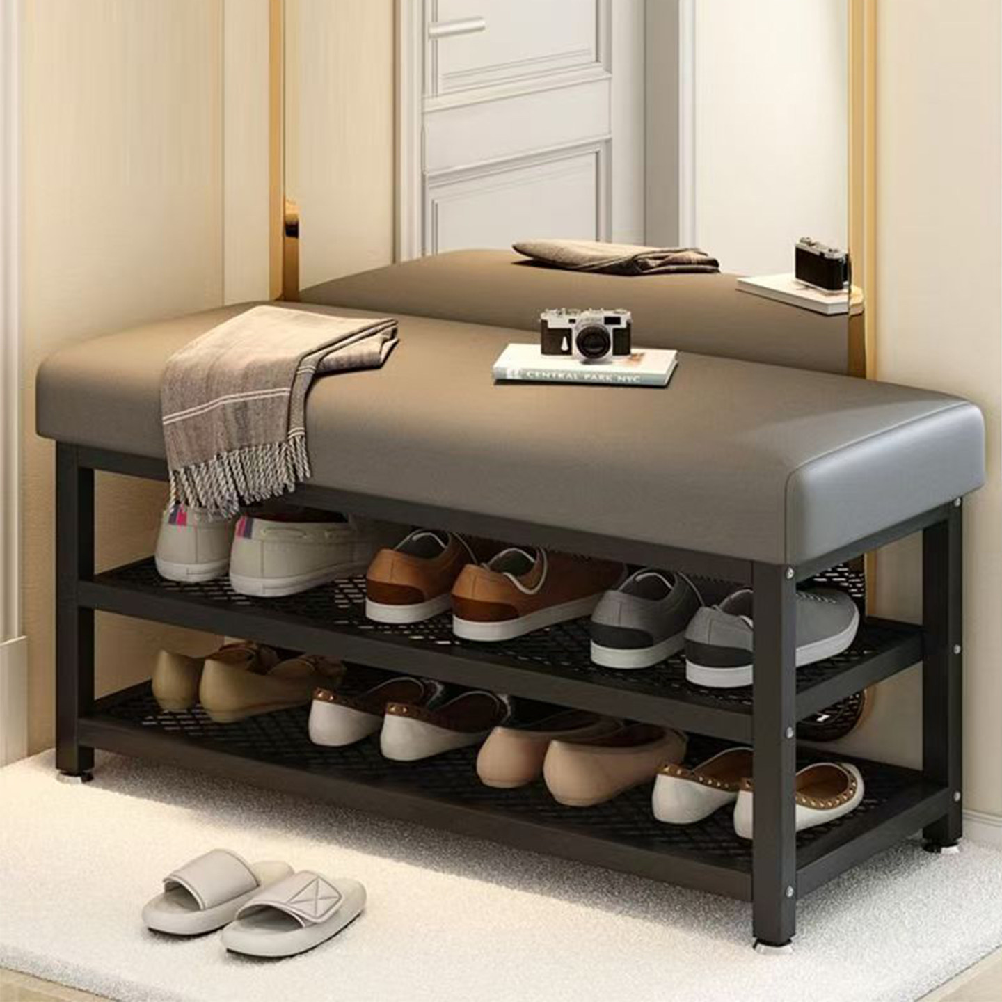 换鞋凳门口家用鞋架一体多层收纳铁艺可坐凳入户轻奢高级感玄关凳