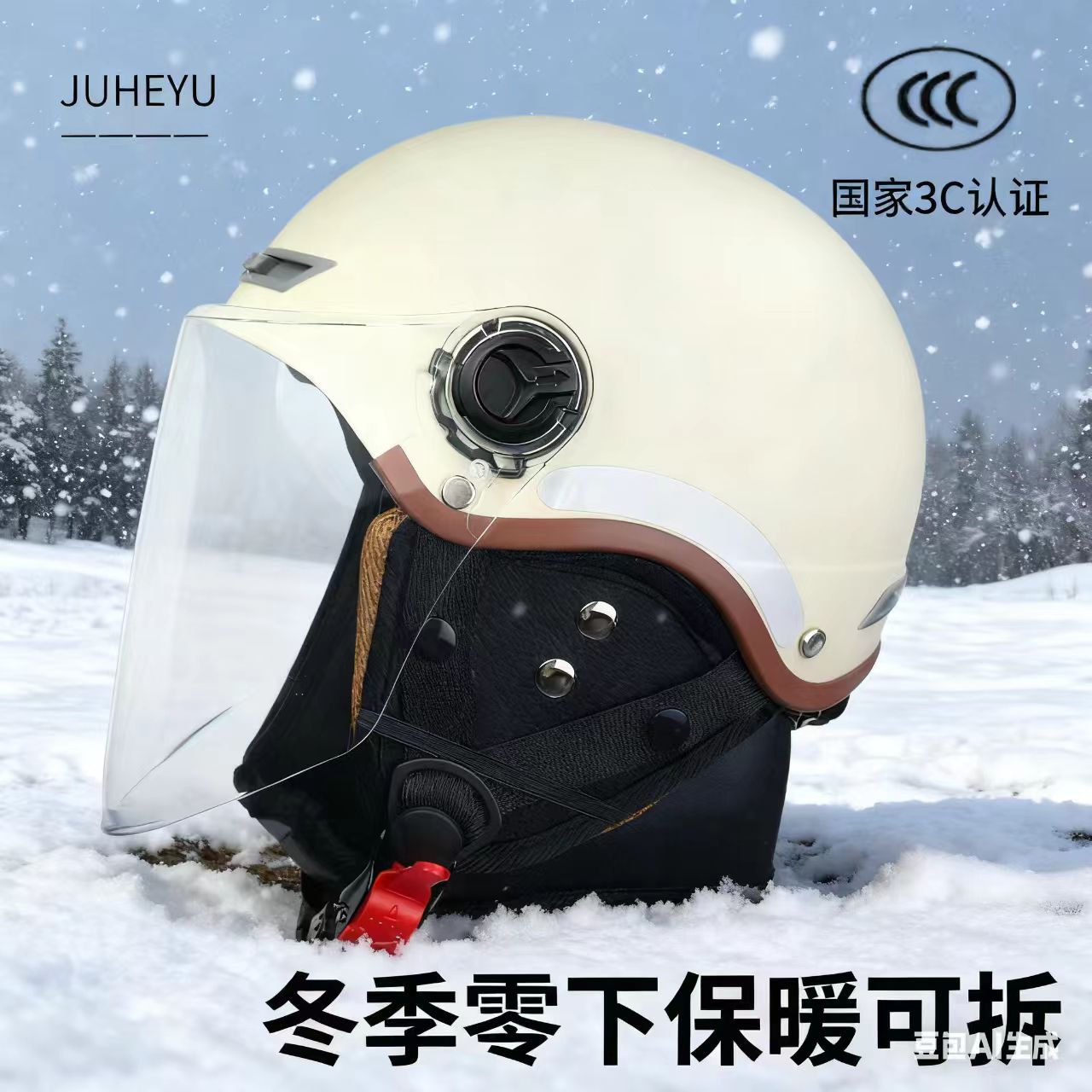 3c认证新国标四季双镜片半盔透气电动摩托车头盔男女冬围脖护耳夏