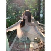 纯欲辣妹海边透明长袖 上衣ins 小众宽松防晒罩衫 t恤女2025夏季 薄款