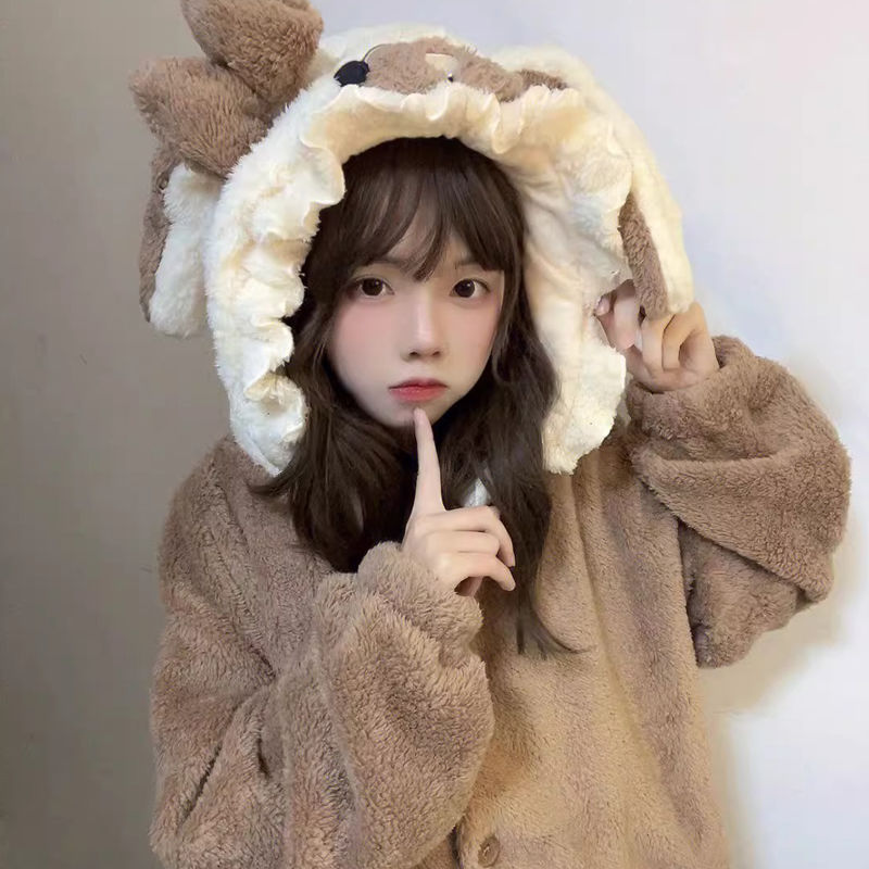 ins可爱小熊珊瑚绒睡衣女秋冬加绒加厚连帽学生家居服套装可外穿