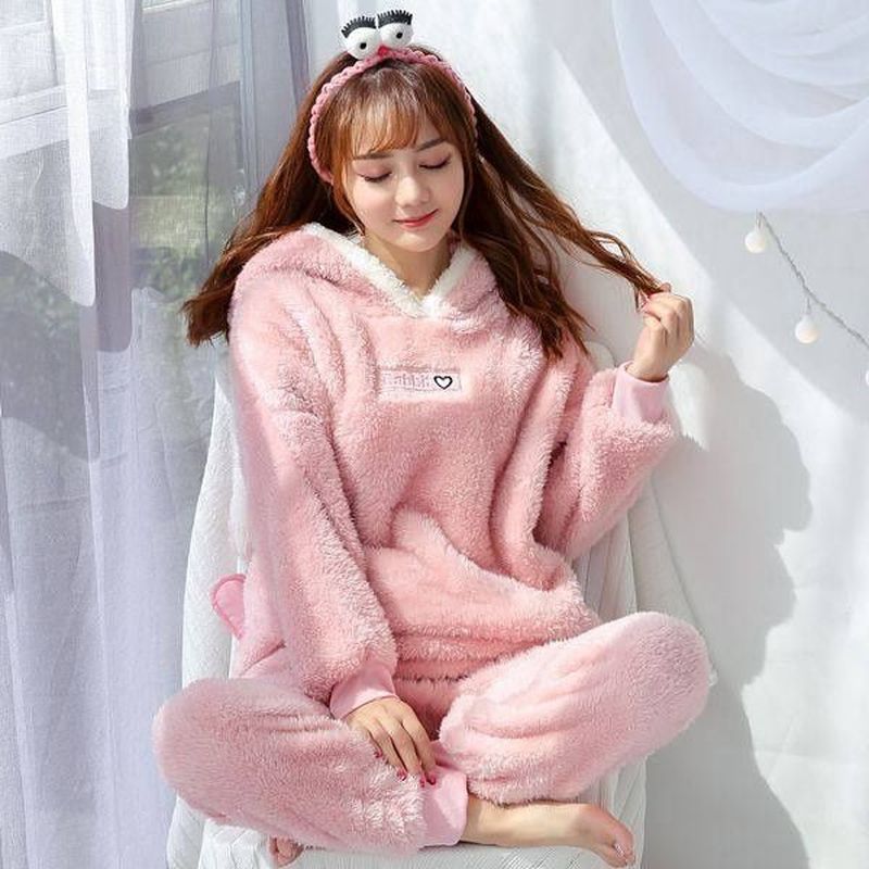 甜美可爱加厚韩版加绒睡衣女珊瑚绒学生秋冬天套装保暖连帽法兰绒