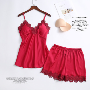 睡袍睡裙家居服 薄款 睡衣女春夏性感冰丝两件套带胸垫吊带短裤 套装