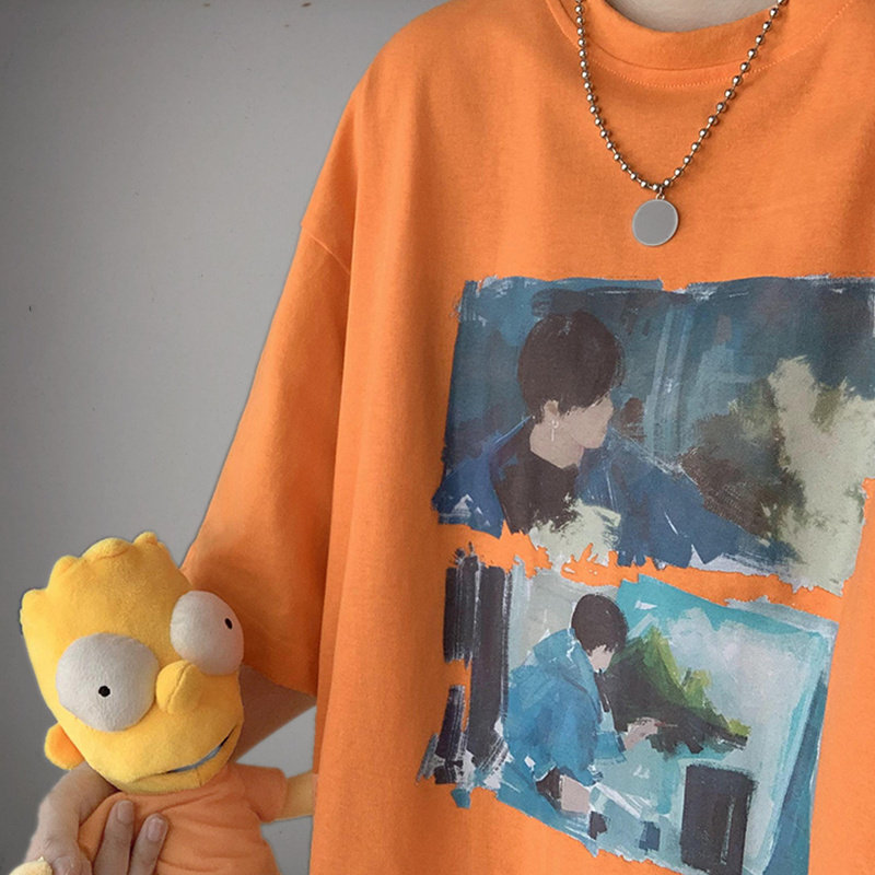 欧美ins风男装夏季橘色短袖男潮牌hiphop炸街上衣高街oversizeT恤