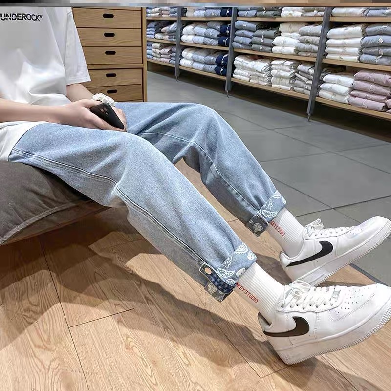 牛仔裤男宽松直筒2021年新款chic港味裤子卷边休闲阔腿情侣九分裤