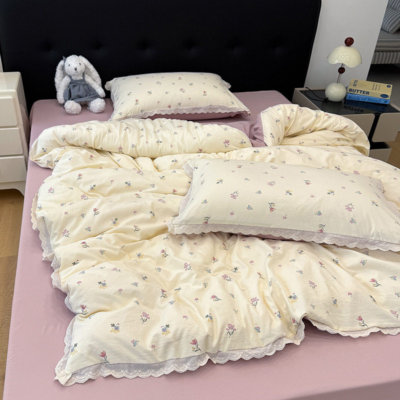 新款田园韩版花边款四件套云感棉床上用品古法水洗仿棉被套床单