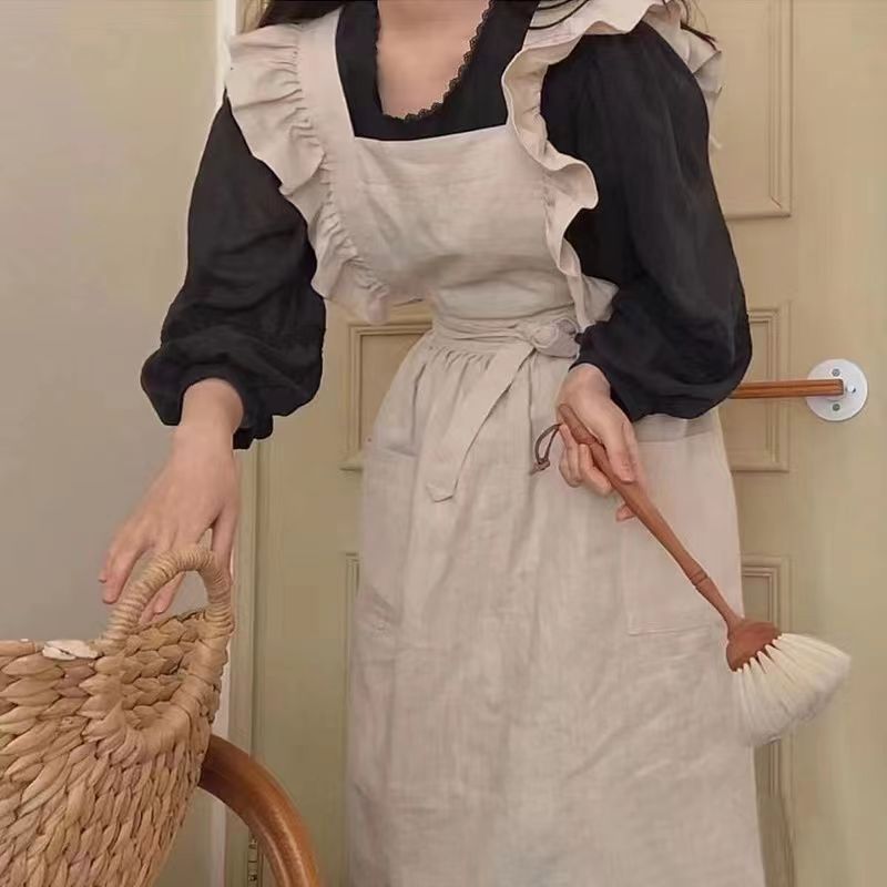 工厂批发跨境网红公主风小花边木耳文艺工作围裙厨房背心纯棉围裙