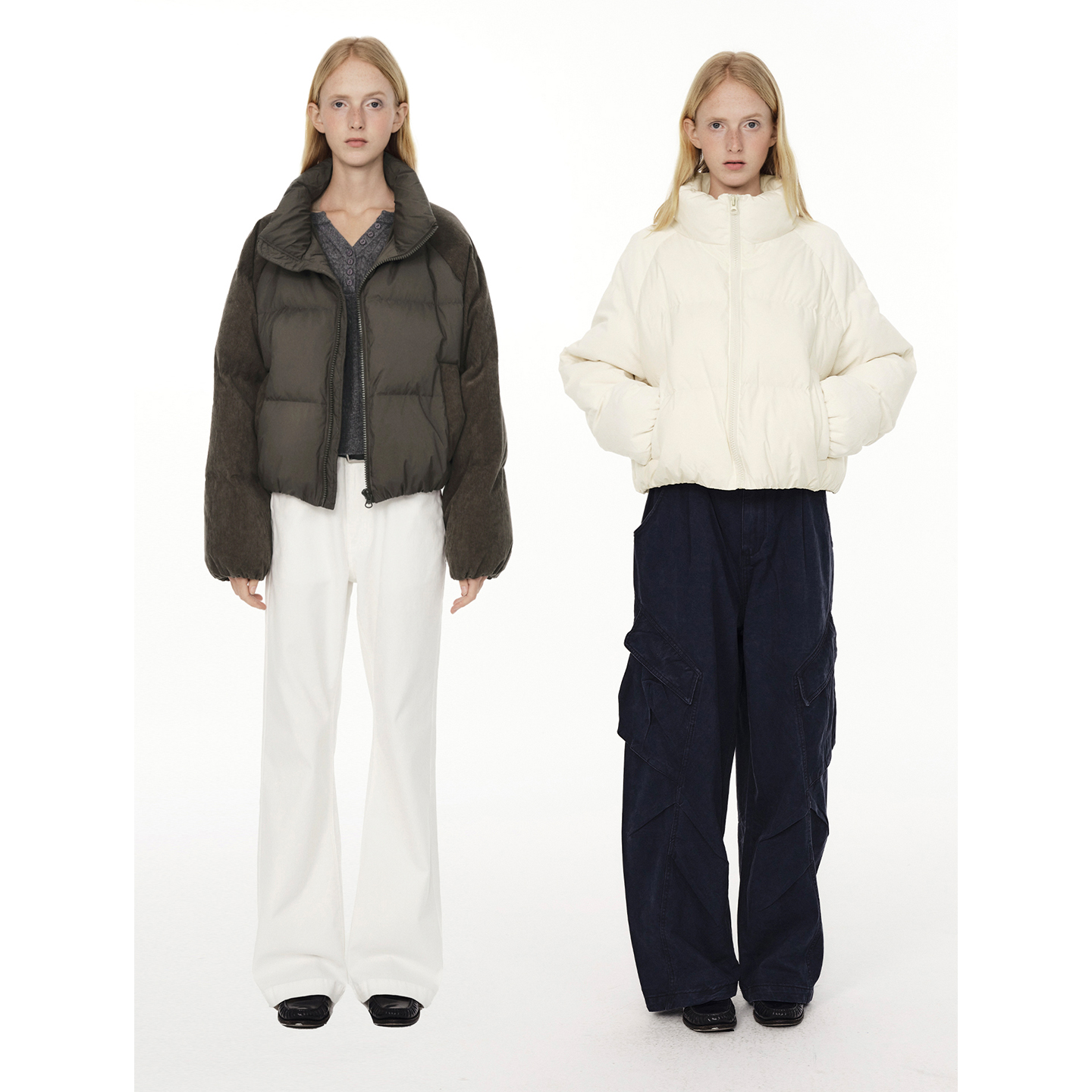 灯芯绒拼接袖立领羽绒服女短款