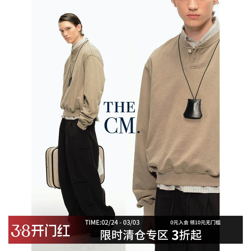 CountryMoment 美式复古做旧洗退亨利领短款套头卫衣男女Cleanfit