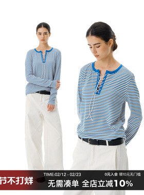CountryMoment诗人系带领航海风条纹针织长袖T恤女上衣秋美式复古