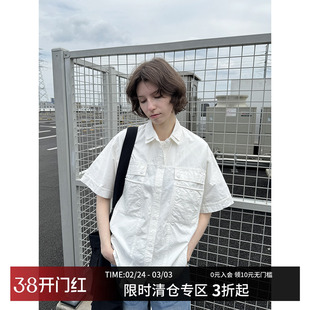 CountryMoment 双层领设计美式多口袋棉麻工装短袖衬衫男Cleanfit