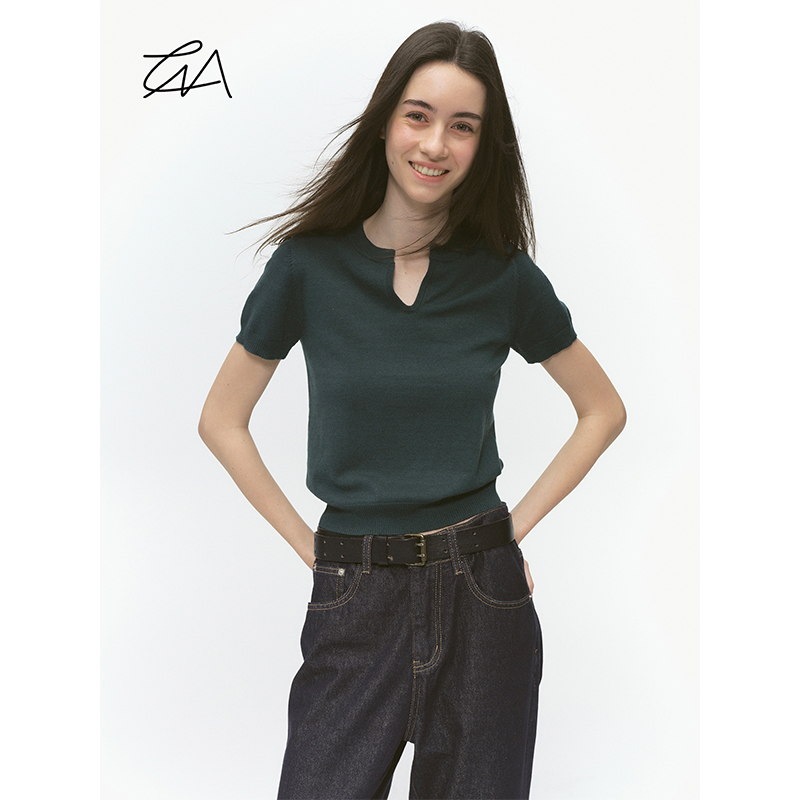 基础V领针织短袖纯色女上衣简约