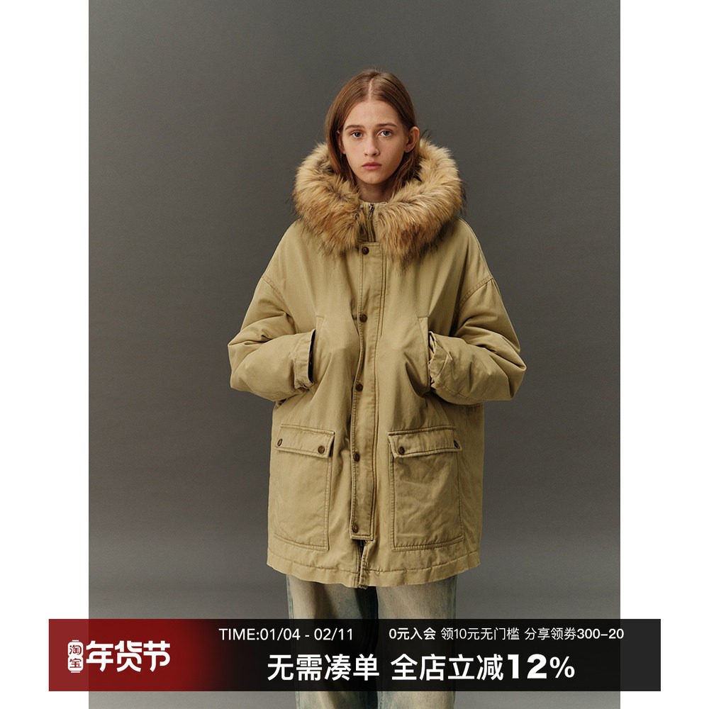 CountryMoment 冬季大毛领工装派克棉服男女加厚保暖连帽棉衣外套