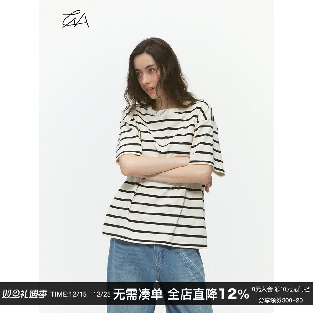 CountryMoment 250G重磅黑白条纹短袖男夏美式宽松复古T恤女体恤