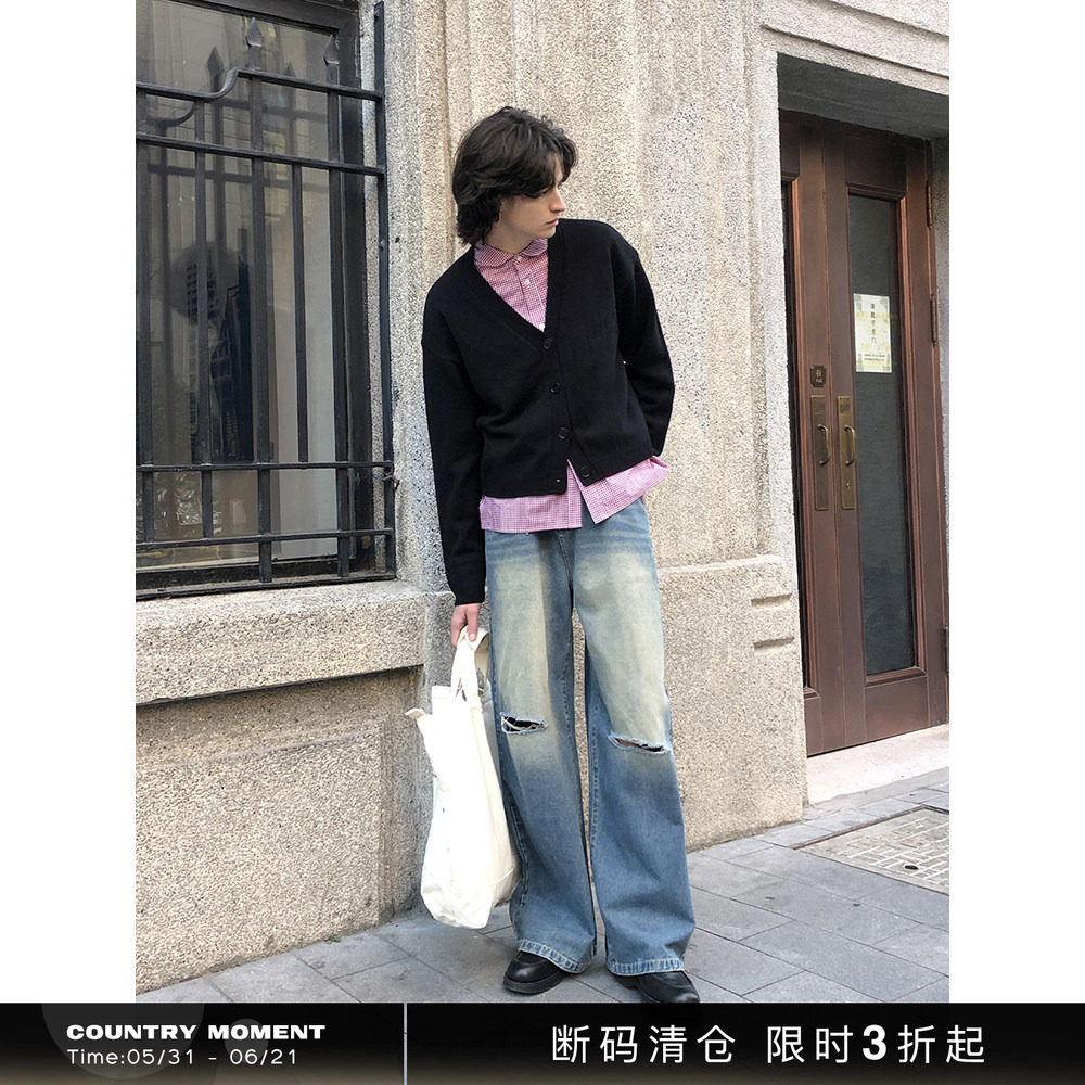 CountryMoment 石墨磨砂酵洗美式复古直筒破洞牛仔裤男女Cleanfit