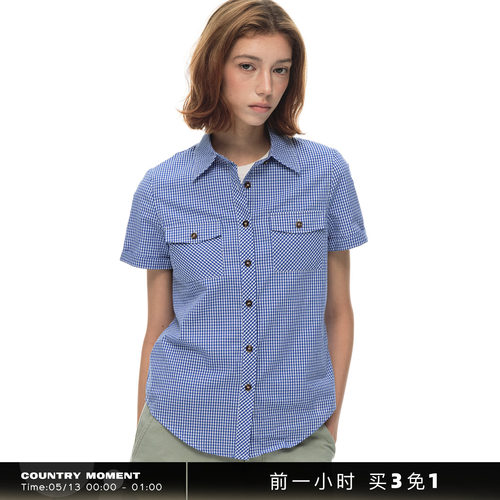 CountryMoment不易皱miu系高支纯棉蓝白格子短袖衬衫女夏正肩上衣