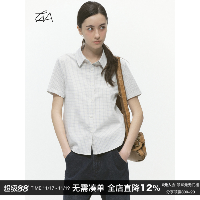 美式复古格纹短袖衬衫女夏季衬衣