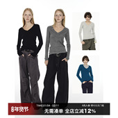 CountryMoment 内搭T恤 女长袖 可机洗 100%精纺纯羊毛V领打底衫