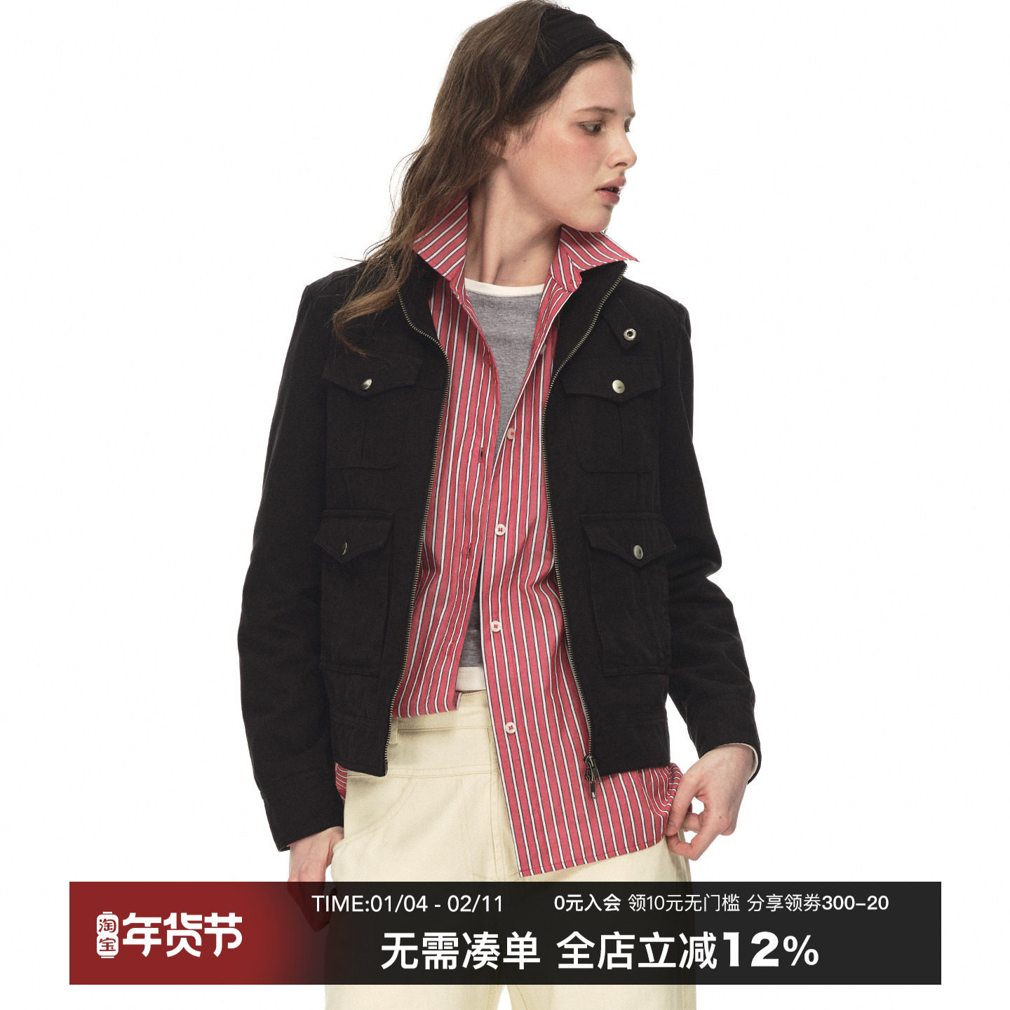 CountryMoment 全棉水洗多口袋短外套女复古做旧机车夹克春秋上衣,男装,夹克,淘宝优惠券,粉丝福利购,淘宝优惠卷