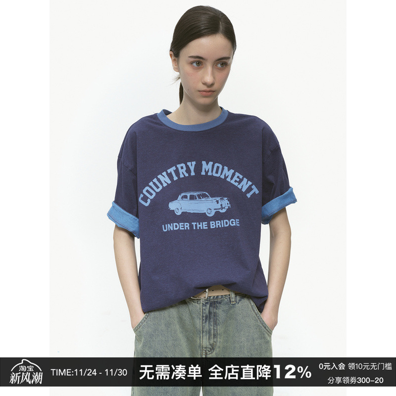 CountryMoment  240G美式复古学院风短袖男纯棉宽松撞色印花T恤女