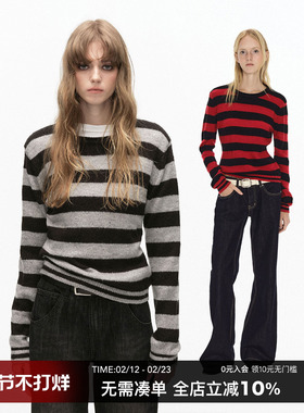 CountryMoment 羊毛混纺经典复古条纹针织衫女外套秋毛线上衣内搭