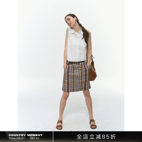 纯棉色织贴袋格子半身裙女夏短裙