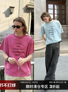 CountryMoment 洗褪做旧290G重磅美式破碎印花短袖T恤男Cleanfit